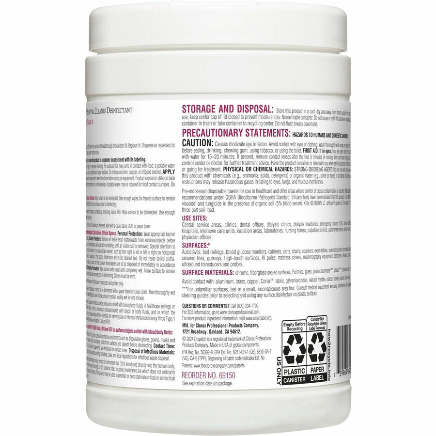 Dispatch Hospital Cleaner Disinfectant Towels with Bleach - Rear