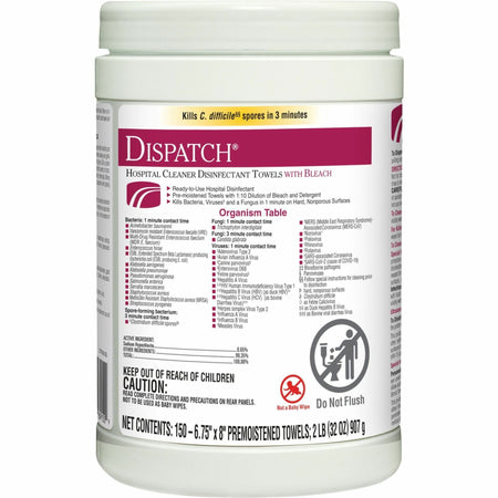 Dispatch Hospital Cleaner Disinfectant Towels with Bleach - Ready-To-Use - 32 oz (2 lb) - 8" Length x 6.75" Width - White - 150/Tub - 1 Each