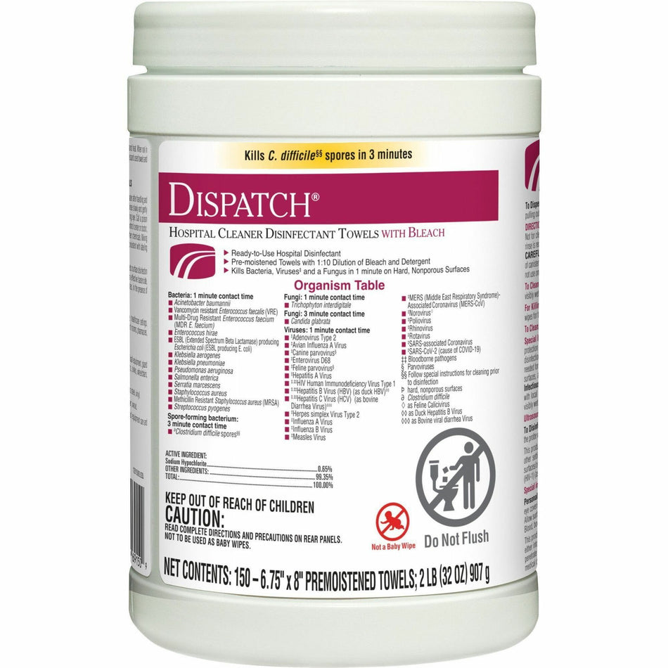 Dispatch Hospital Cleaner Disinfectant Towels with Bleach - Ready-To-Use - 32 oz (2 lb) - 8" Length x 6.75" Width - White - 150/Tub - 1 Each