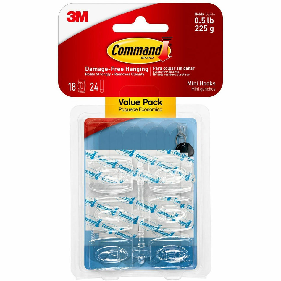Command Mini Clear Hooks with Clear Strips - 7.94 oz (225 g) Capacity - 1.1" Height x 0.9" Width x 1.1" Length - Plastic - Clear - 18 / Pack