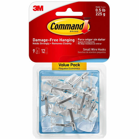 Command Small Wire Hooks - 9 Small Hook - 8 oz (226.8 g) Capacity - 0.8" Width x 1.6" Length - for Utensil, Pictures, Mirror - Clear - 9 / Pack