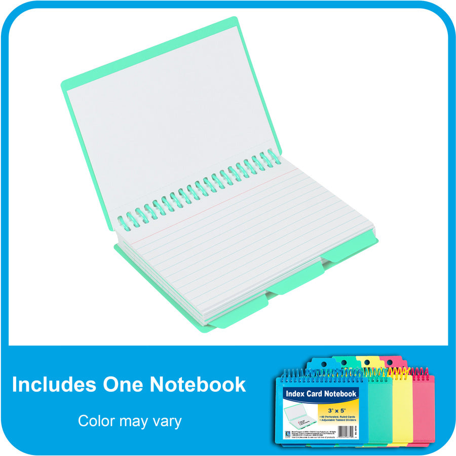 C-Line Spiral Bound Index Card Notebook with Tabs, 1 Notebook (Color May Vary) - Spiral Bound - 3" x 6" Sheet Size - Assorted Paper - Clear Cover - Repositionable Divider, Perforated, Index Sheet, Portable - 1 Each
