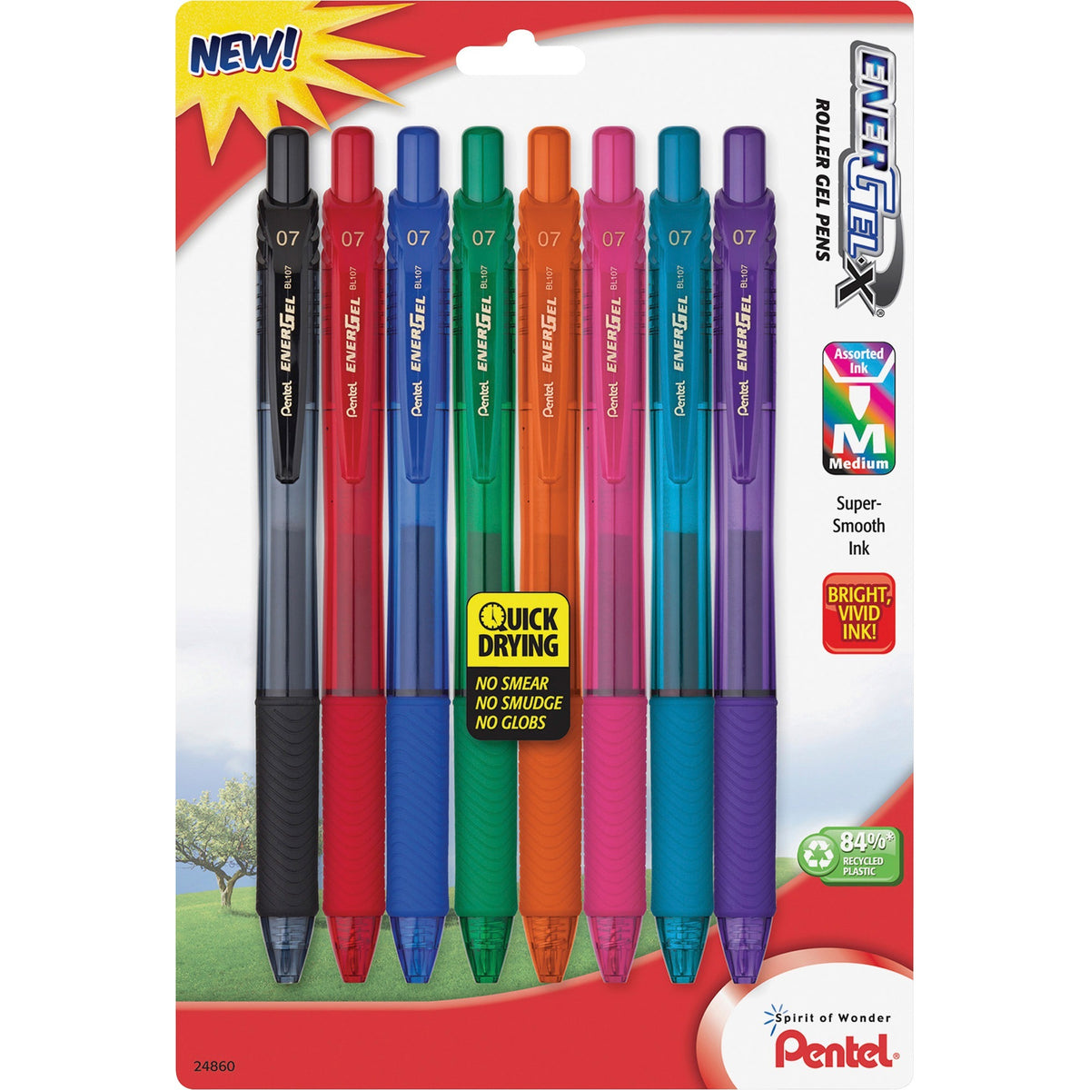 EnerGel EnerGel-X Retractable Gel Pens - 0.7 mm Medium Pen Point - Refillable - Retractable - Assorted Ink - Gel-based - Assorted Barrel - Metal Tip - 8 / Pack