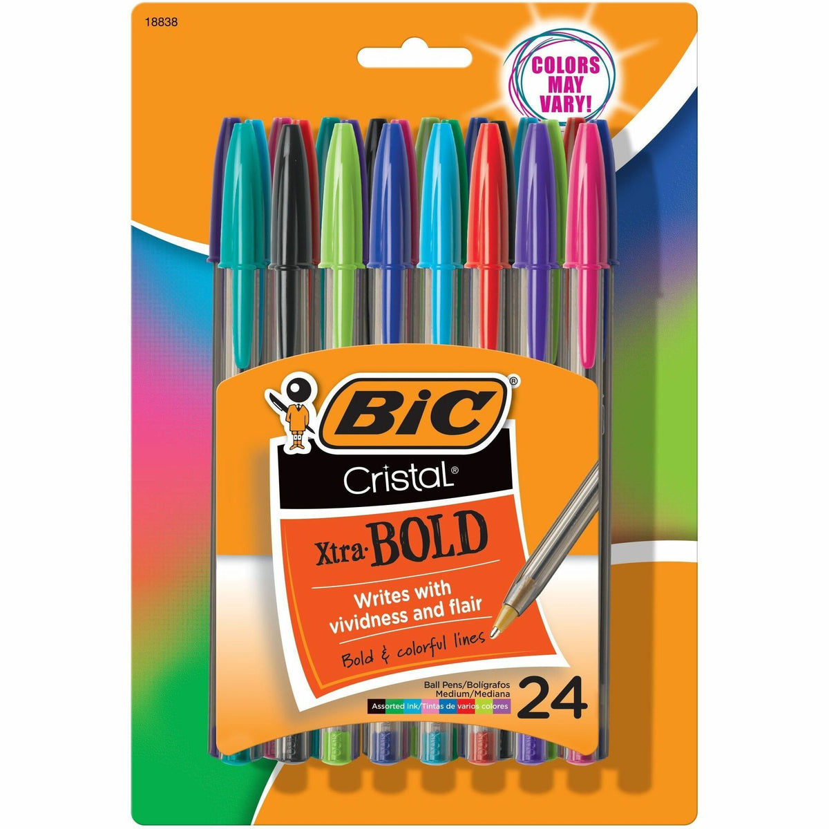 BIC Cristal Ballpoint Pen - 1.6 mm Bold Pen Point - Assorted Ink - Translucent Barrel - 24 / Pack