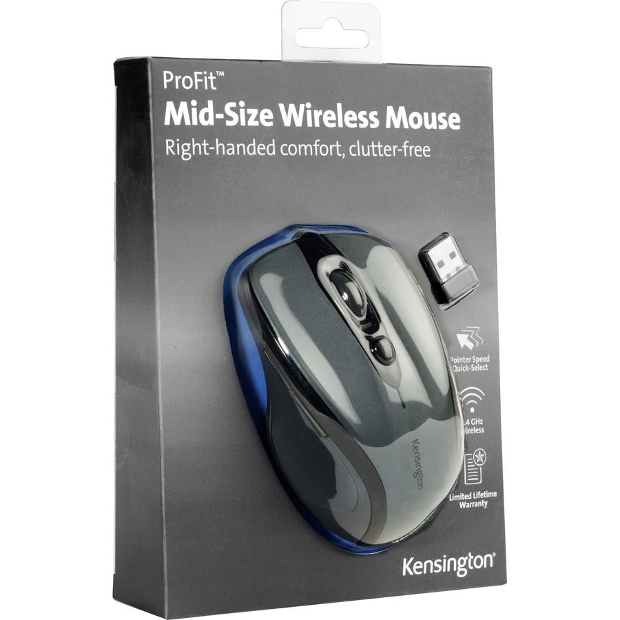 Kensington Pro Fit Mid-size Wireless Mouse - Optical - Wireless - Radio Frequency - 2.40 GHz - Graphite Gray - USB - 1750 dpi - Scroll Wheel - Right-handed - 1 Each