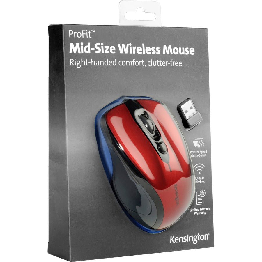Kensington Pro Fit Mid-Size Wireless Mouse - Optical - Wireless - Radio Frequency - 2.40 GHz - Ruby Red - USB - 1750 dpi - Scroll Wheel - 3 Button(s) - Right-handed - 1 Each