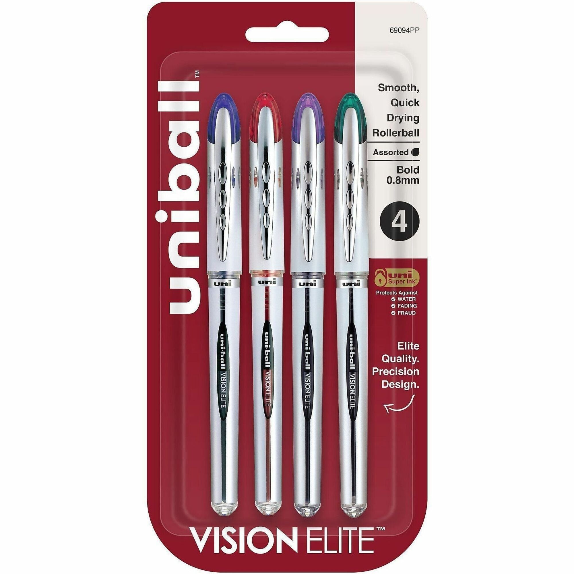 uniball&#8482; Vision Elite Rollerball Pen - 0.8 mm Bold Pen Point - Refillable - Blue, Red, Green, Violet Ink - Pigment-based - 4 / Pack