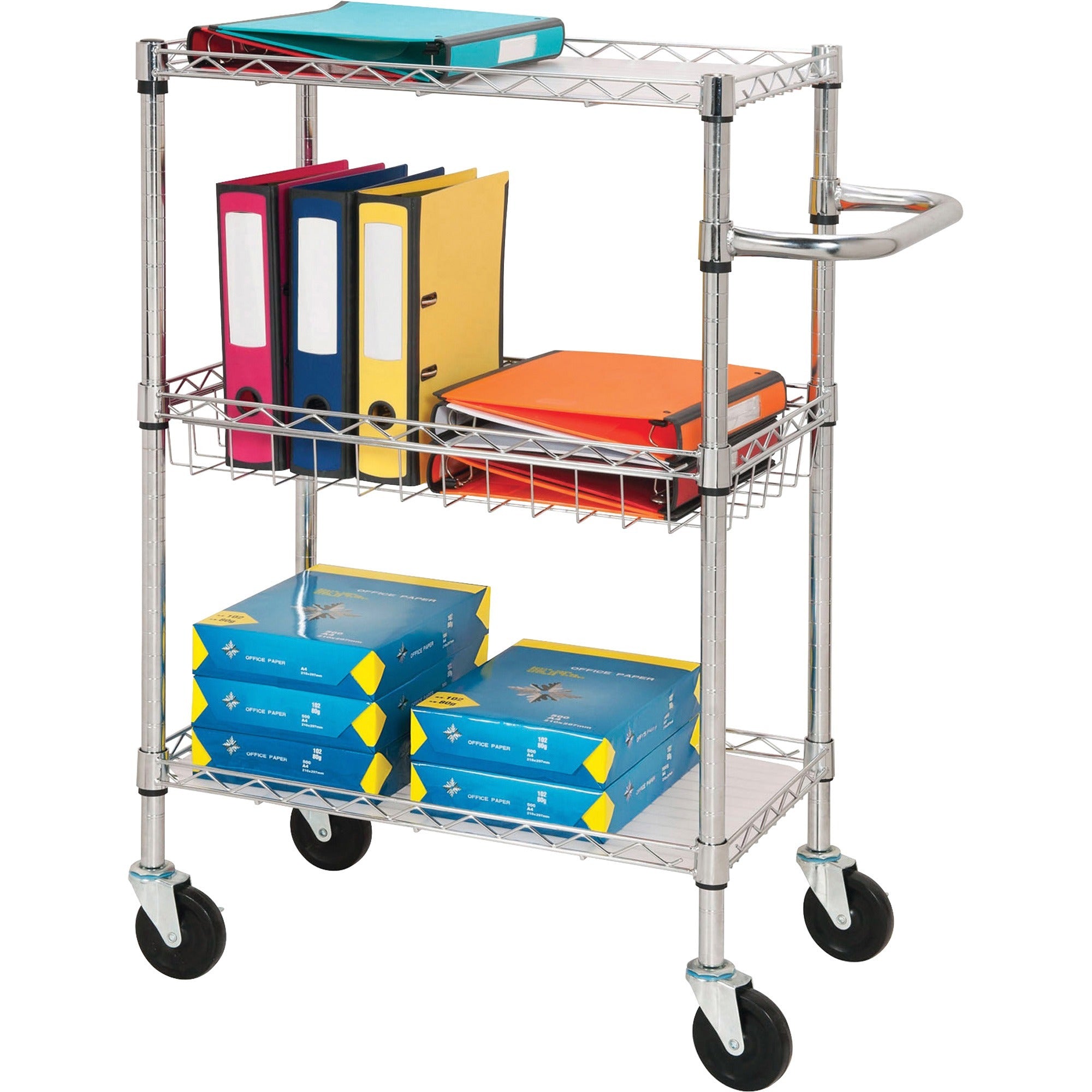 Lorell 3-Tier Rolling Cart - 99 lb Load Capacity - 4 Casters - Steel - 16" Width x 26" Depth x 40" Height - Chrome - 1 Each