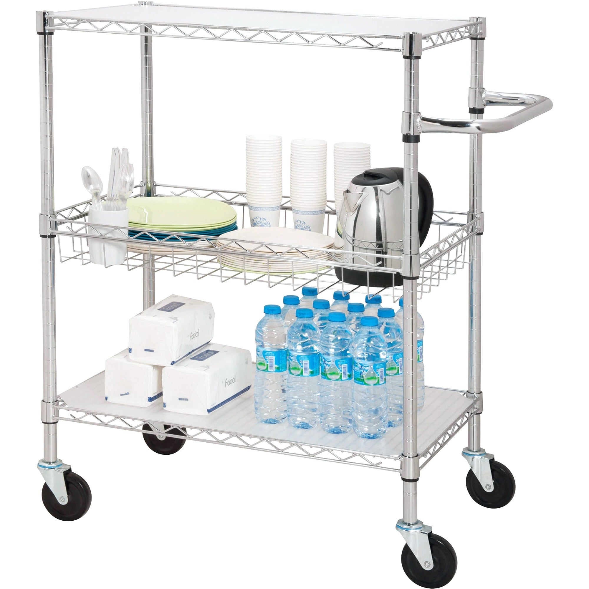 Lorell 3-Tier Rolling Cart - 99 lb Load Capacity - 4 Casters - Steel - 18" Width x 30" Depth x 40" Height - Chrome - 1 Each