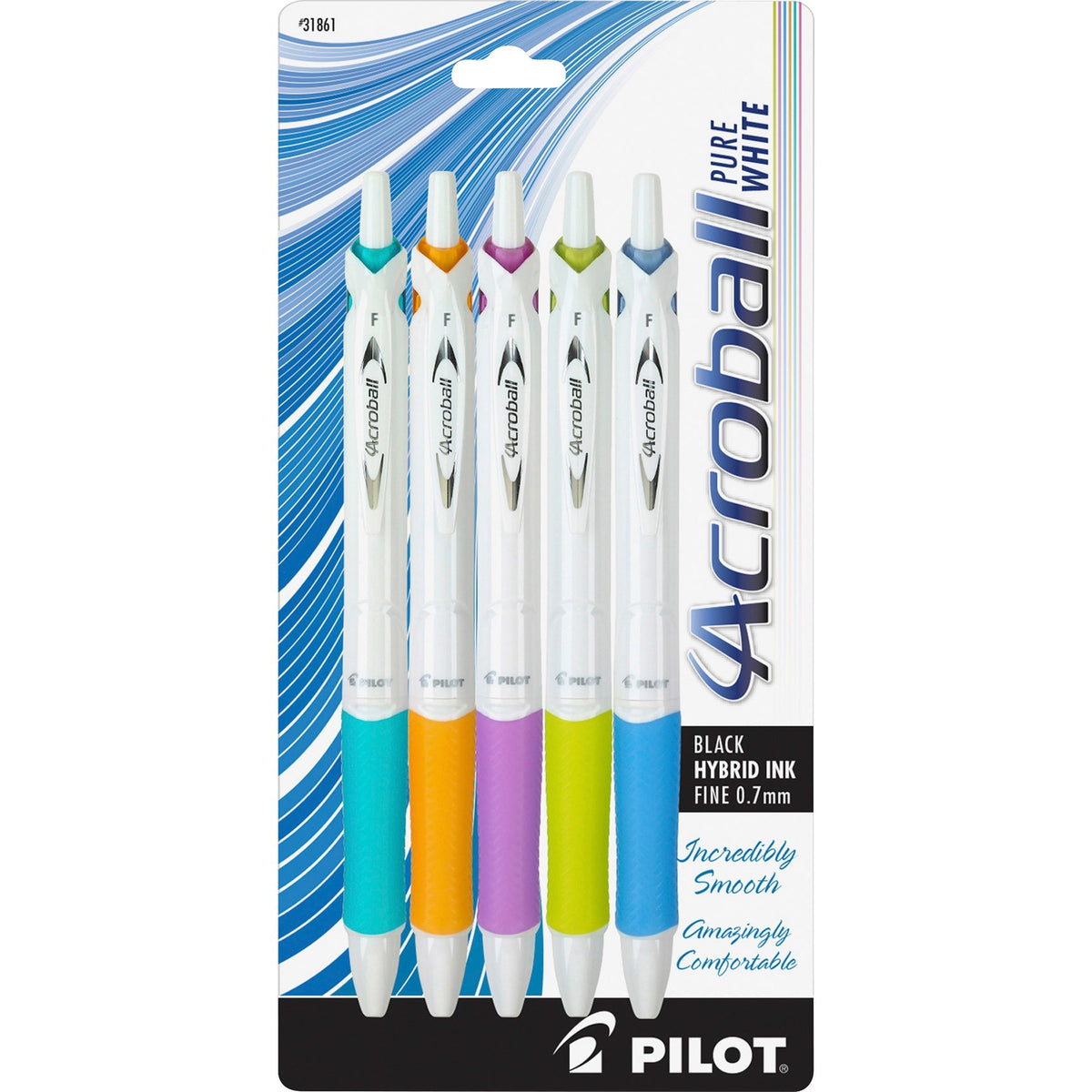 Pilot Acroball .7mm Retractable Pens - 0.7 mm Fine Pen Point - Refillable - Retractable - Black Ink - Advanced Ink - White Barrel - Tungsten Carbide Tip - 5 / Pack