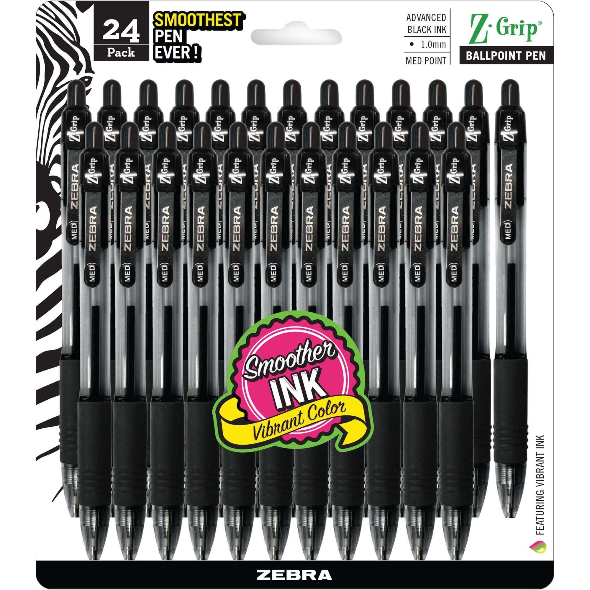 Zebra Z-Grip Retractable Ballpoint Pens - 1 mm Medium Pen Point - Retractable - Black Ink - Clear Barrel - 24 / Pack