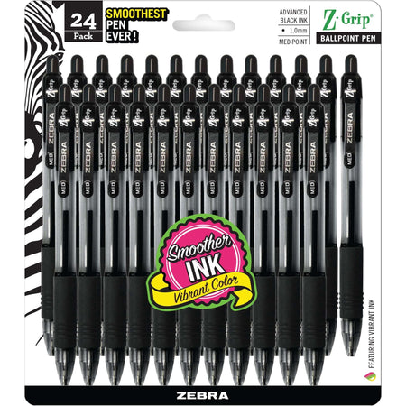 Zebra Z-Grip Retractable Ballpoint Pens - 1 mm Medium Pen Point - Retractable - Black Ink - Clear Barrel - 24 / Pack