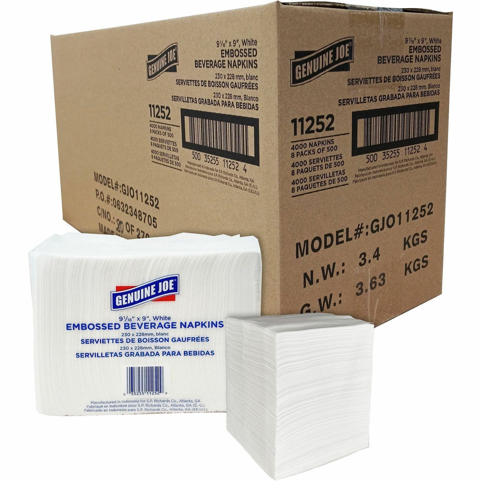 Genuine Joe Quad-fold Square Beverage Napkins - 1 Ply - 9.50" Width x 9.50" Length - White - 500/Pack - 8 / Carton