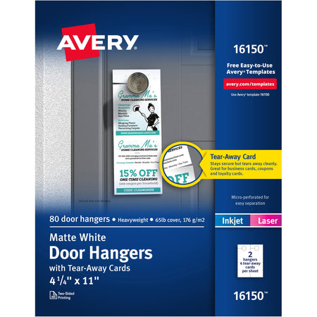 Avery® Laser Inkjet Tear-Away Cards Door Hanger - Double-sided, Sturdy, Printable - White - 80 / Pack