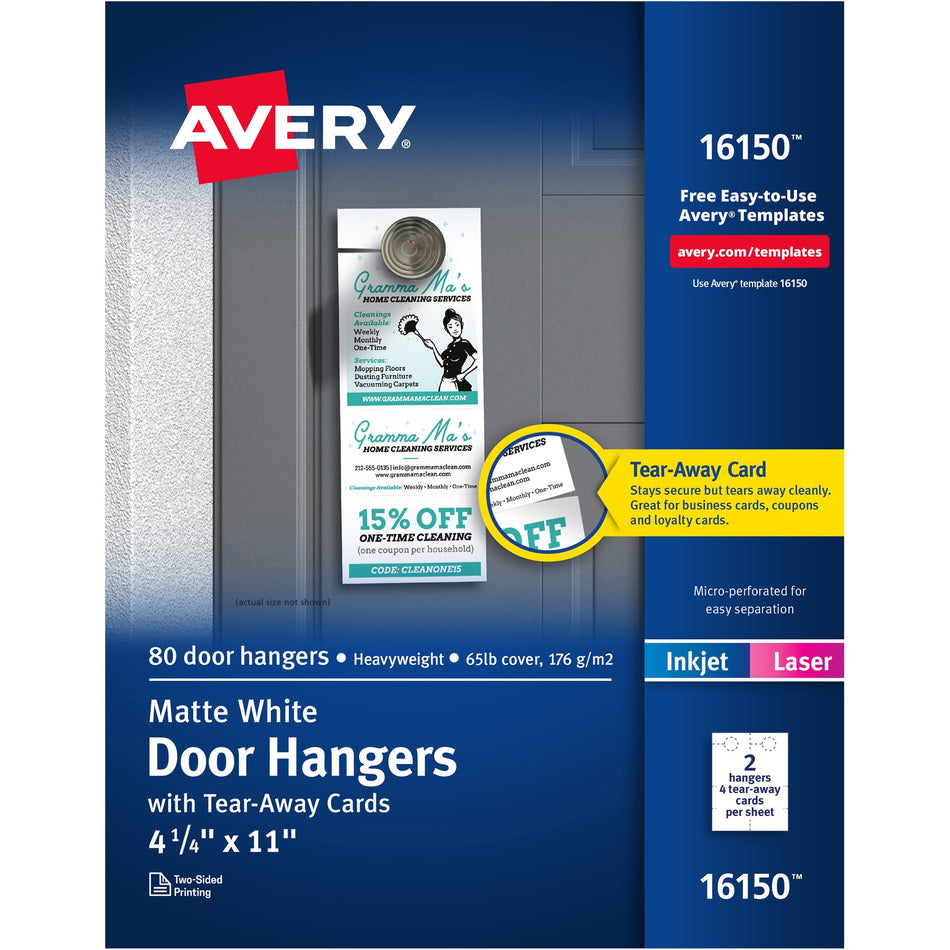 Avery® Laser Inkjet Tear-Away Cards Door Hanger - Double-sided, Sturdy, Printable - White - 80 / Pack