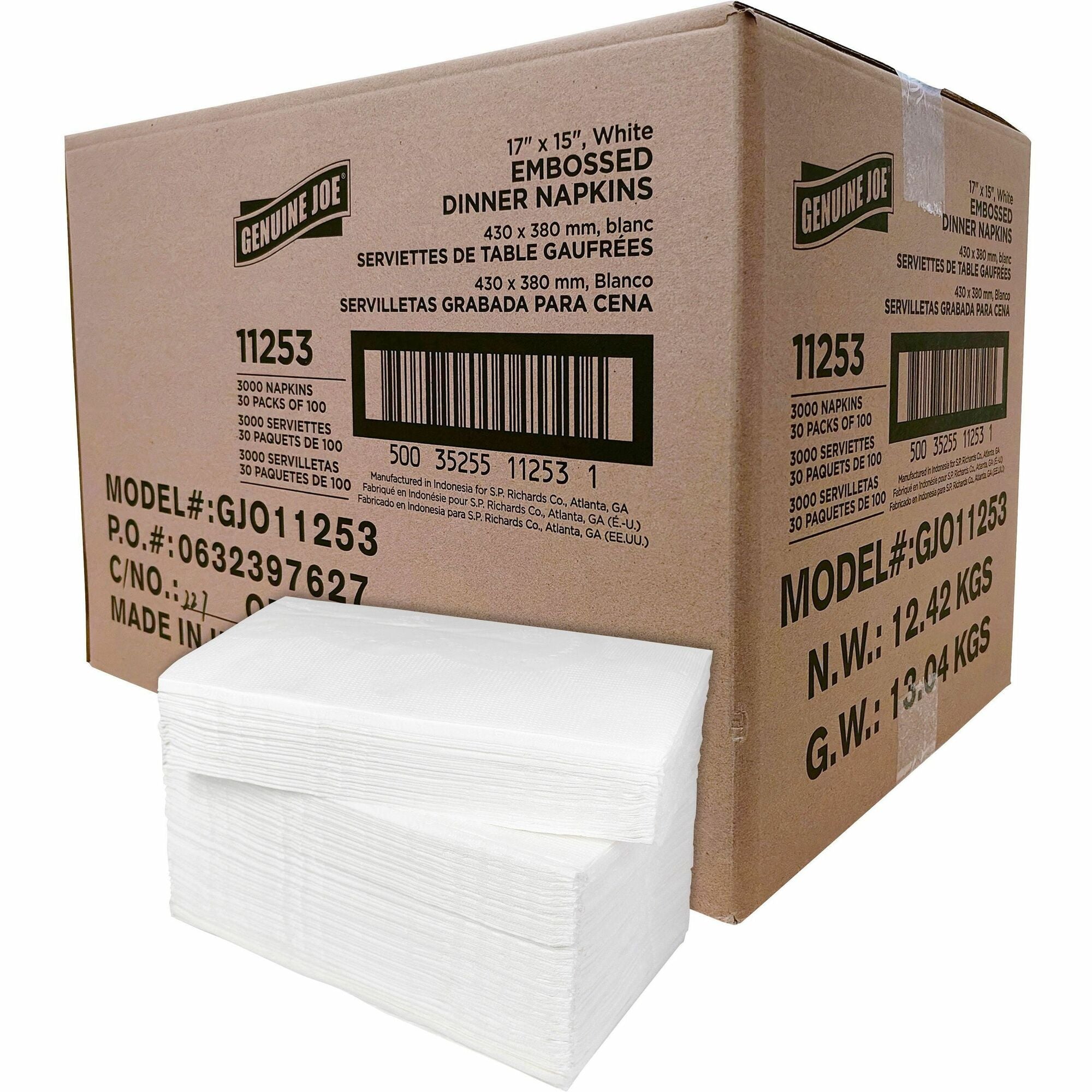 Genuine Joe Embossed Dinner Napkins - 2 Ply - 1/8 Fold - 17" Width x 15" Length - White - 100/Pack - 30 / Carton