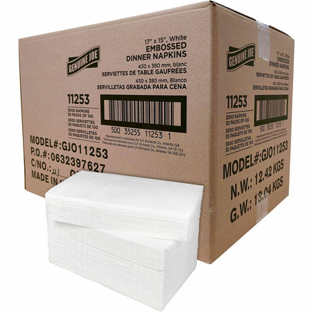 Genuine Joe Embossed Dinner Napkins - 2 Ply - 1/8 Fold - 17" Width x 15" Length - White - 100/Pack - 30 / Carton