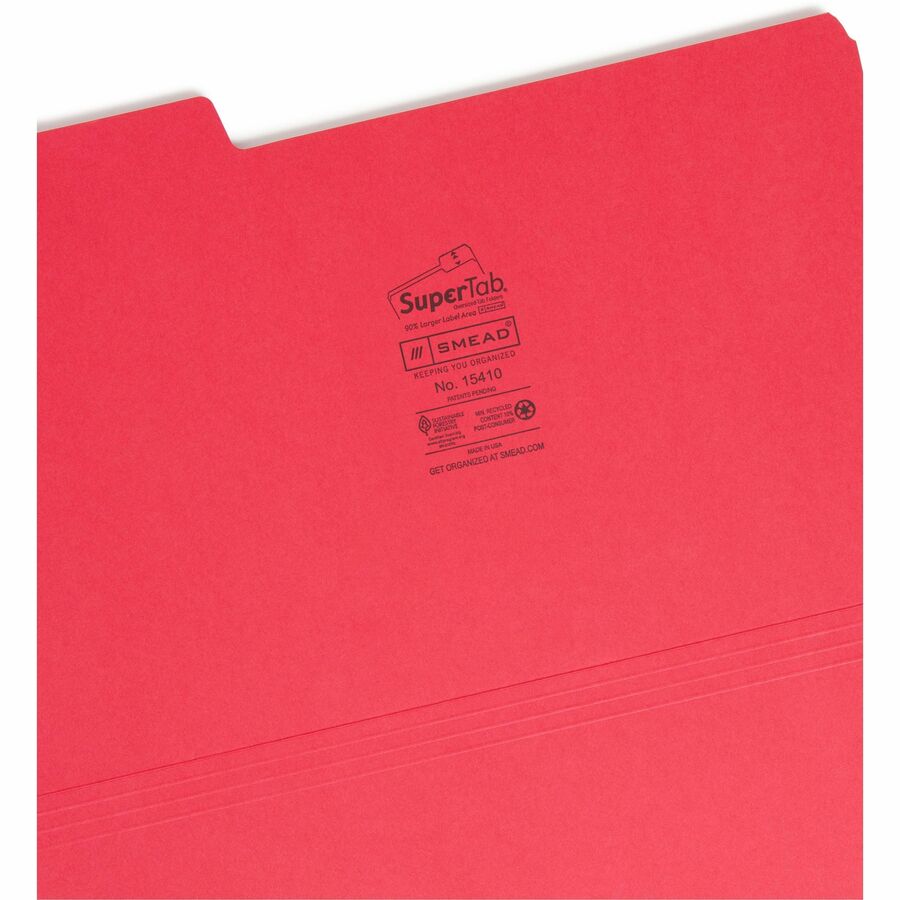 Smead SuperTab 1/3 Tab Cut Legal Recycled Top Tab File Folder - 8 1/2" x 14" - 3/4" Expansion - Top Tab Location - Assorted Tab Position - 14 pt. - 1 Plys - Blue, Red, Green, Yellow - Heavyweight, Durable - 10% Recycled - 50 / Box