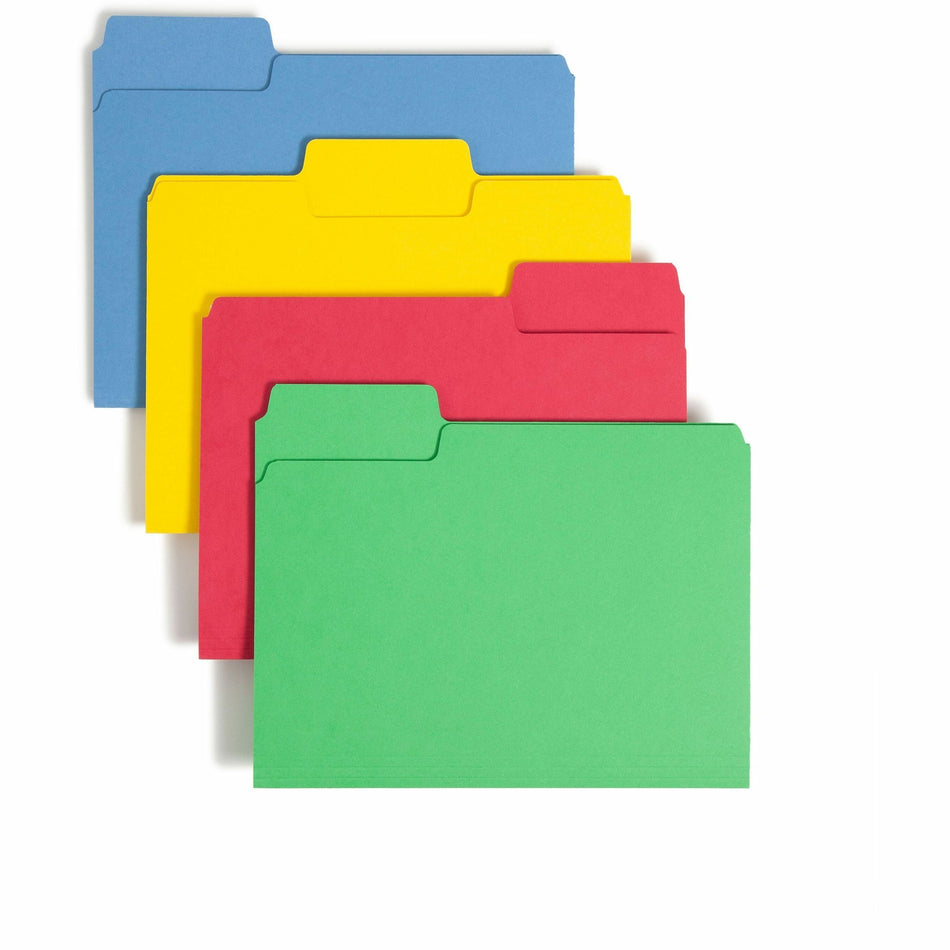 Smead SuperTab 1/3 Tab Cut Letter Recycled Top Tab File Folder - 8 1/2" x 11" - 3/4" Expansion - Top Tab Location - Assorted Tab Position - 14 pt. - 1 Plys - Blue, Red, Green, Yellow - Heavyweight, Durable - 10% Recycled - 50 / Box
