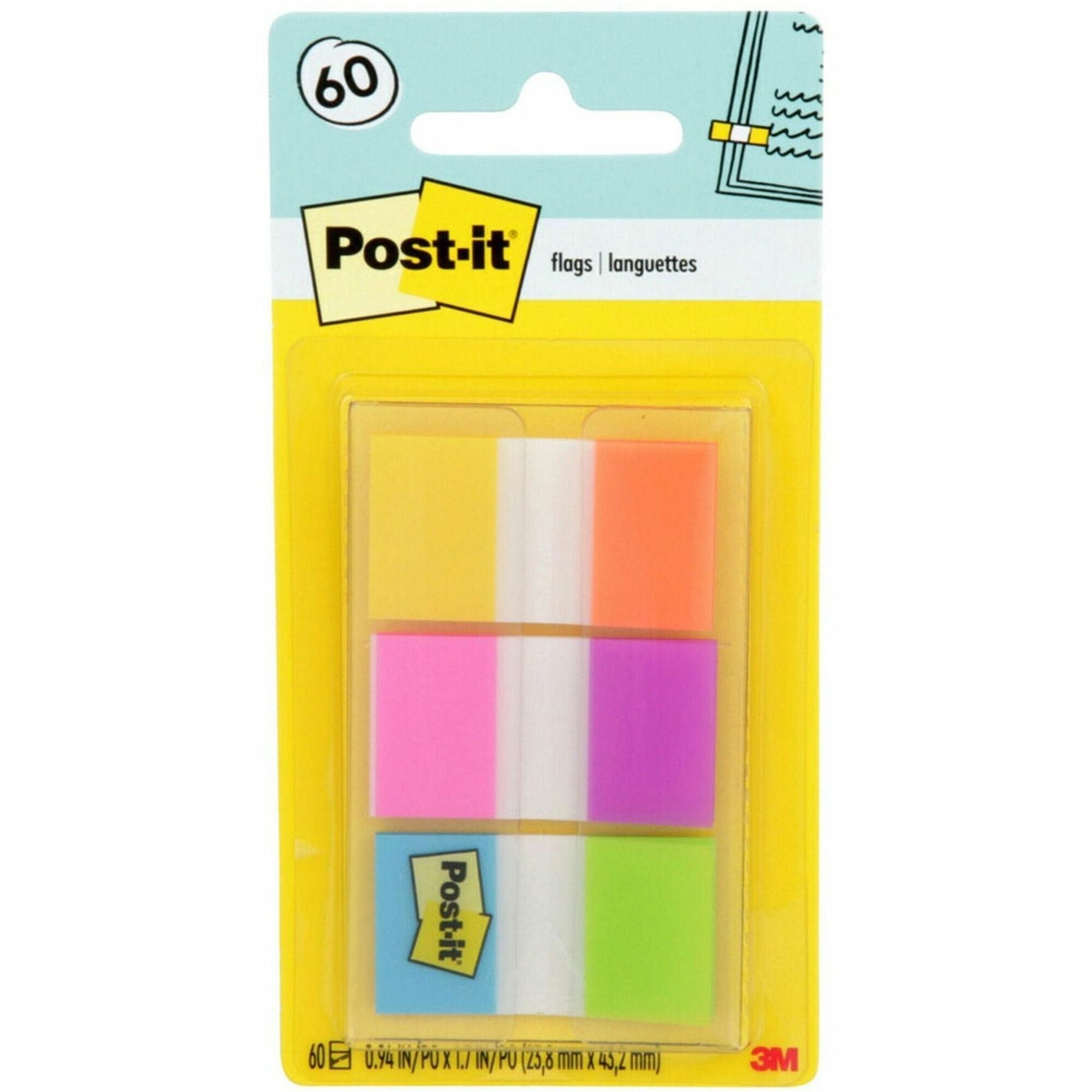 Post-it®  Flags - 60 - 1" Flag/Note Width x 1 3/4" Flag/Note Length - Rectangle - Unruled - Orange, Blue, Green, Pink, Yellow, Purple, Assorted - Reusable, Repositionable, Self-adhesive, Removable - Dispenser Included - 60 / Pack