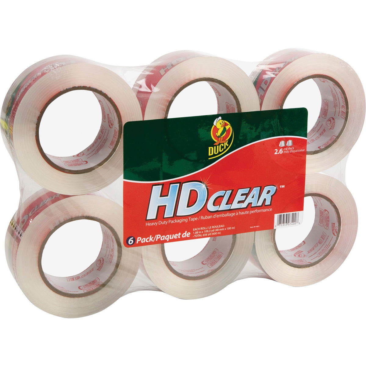 Duck Brand HD Clear Packing Tape - 109.30 yd Length x 1.88" Width x 2.6 mil Thickness - Clear - Temperature Resistant, UV Resistant, Fade Resistant - For Sealing, Packing - 6 / Pack