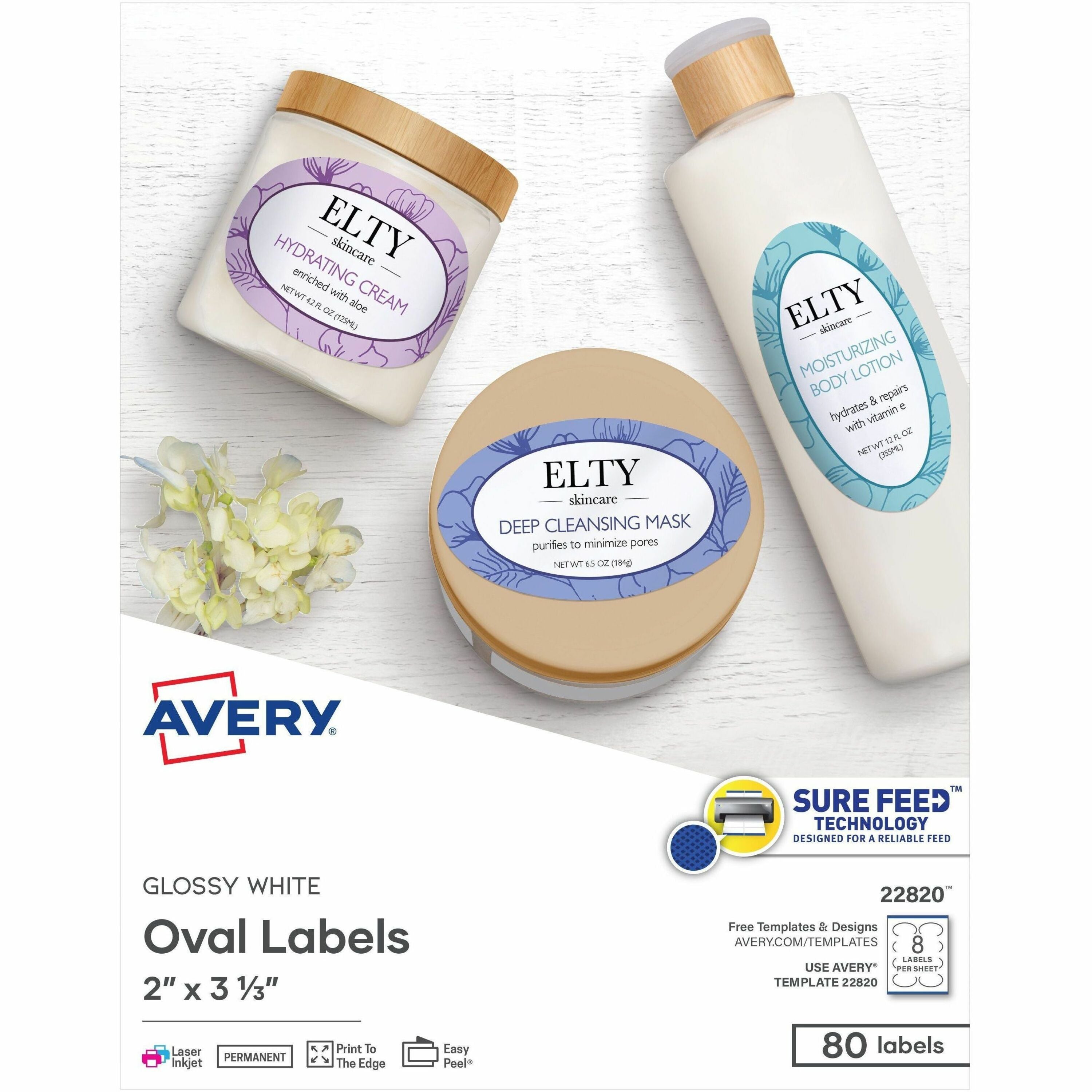 Avery®  Easy Peel Oval Labels - Waterproof - 2" Width x 3 21/64" Length - Permanent Adhesive - Oval - Inkjet, Laser - Glossy White - White - Paper - 8 / Sheet - 8 Total Sheets - 80 Total Label(s) - 10 / Pack
