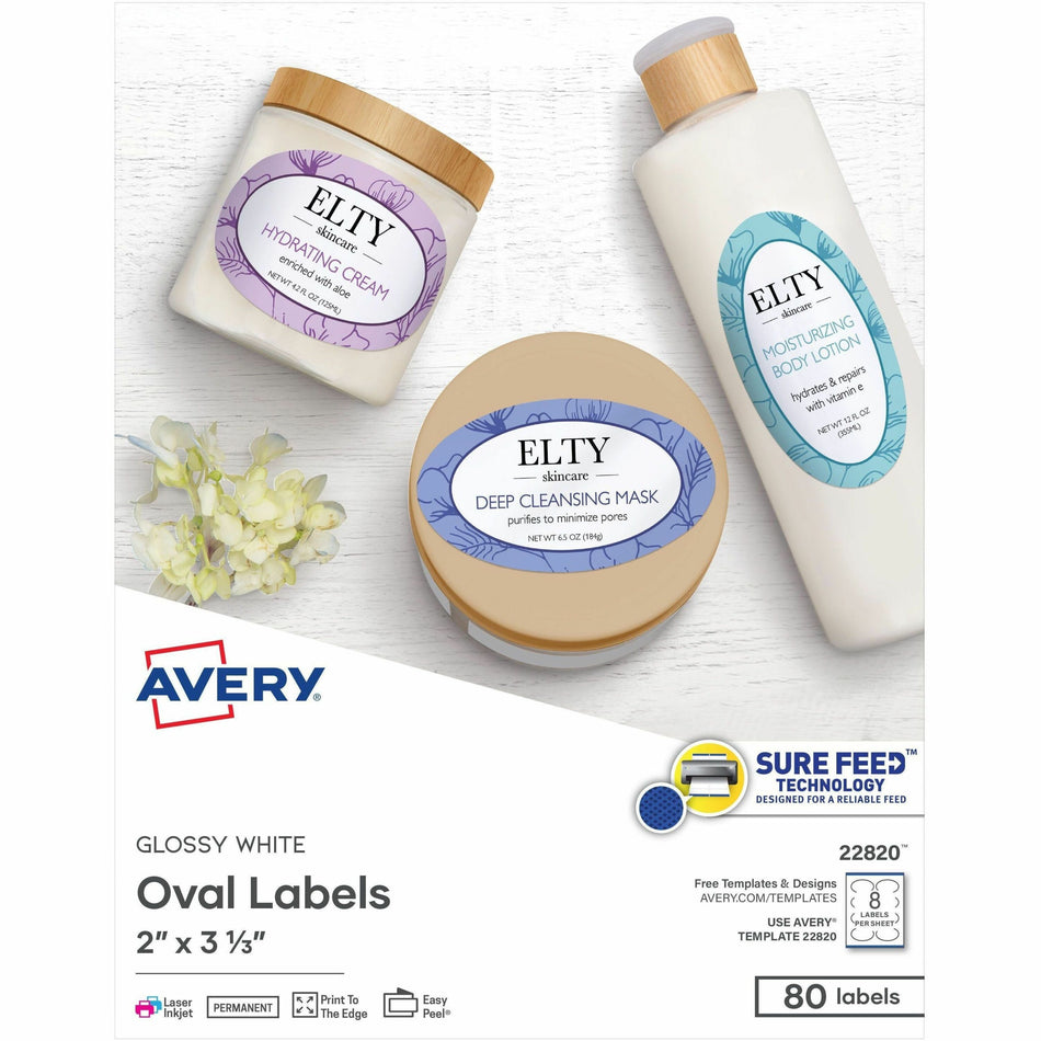 Avery®  Easy Peel Oval Labels - Waterproof - 2" Width x 3 21/64" Length - Permanent Adhesive - Oval - Inkjet, Laser - Glossy White - White - Paper - 8 / Sheet - 8 Total Sheets - 80 Total Label(s) - 10 / Pack