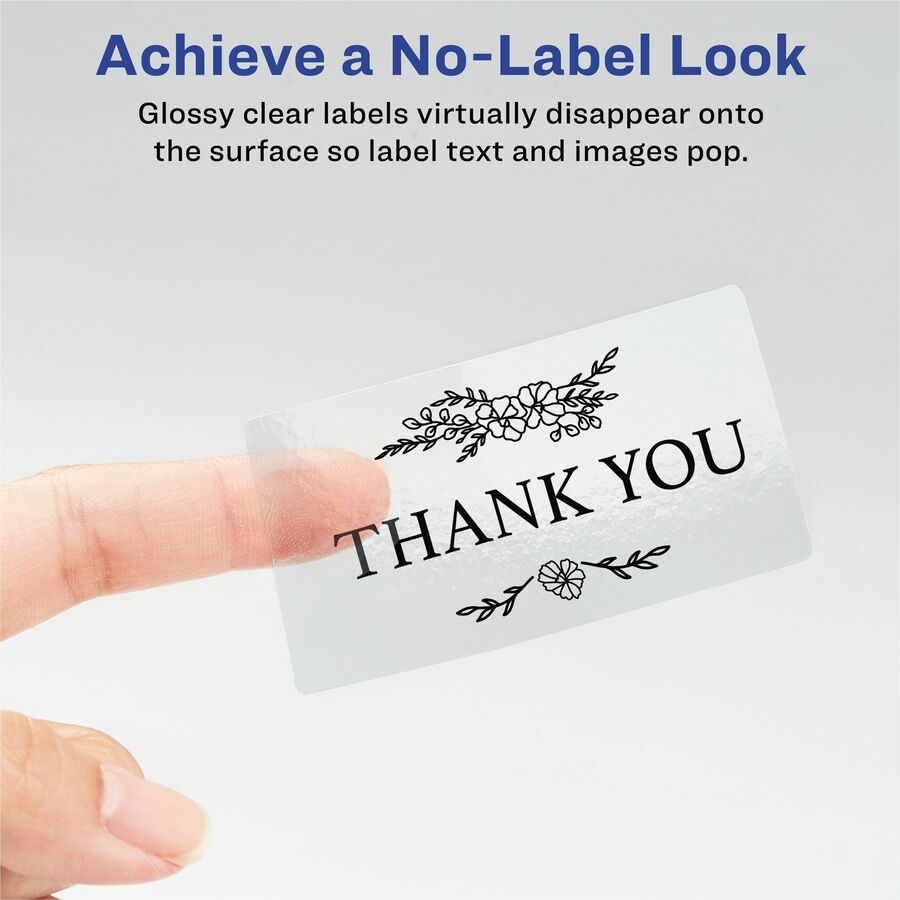 Avery®  Glossy Clear Rectangle Labels2" x 3" - 2" Width x 3" Length - Permanent Adhesive - Rectangle - Inkjet, Laser - Glossy Crystal Clear - Crystal Clear - Film - 8 / Sheet - 8 Total Sheets - 80 Total Label(s) - 10 / Pack