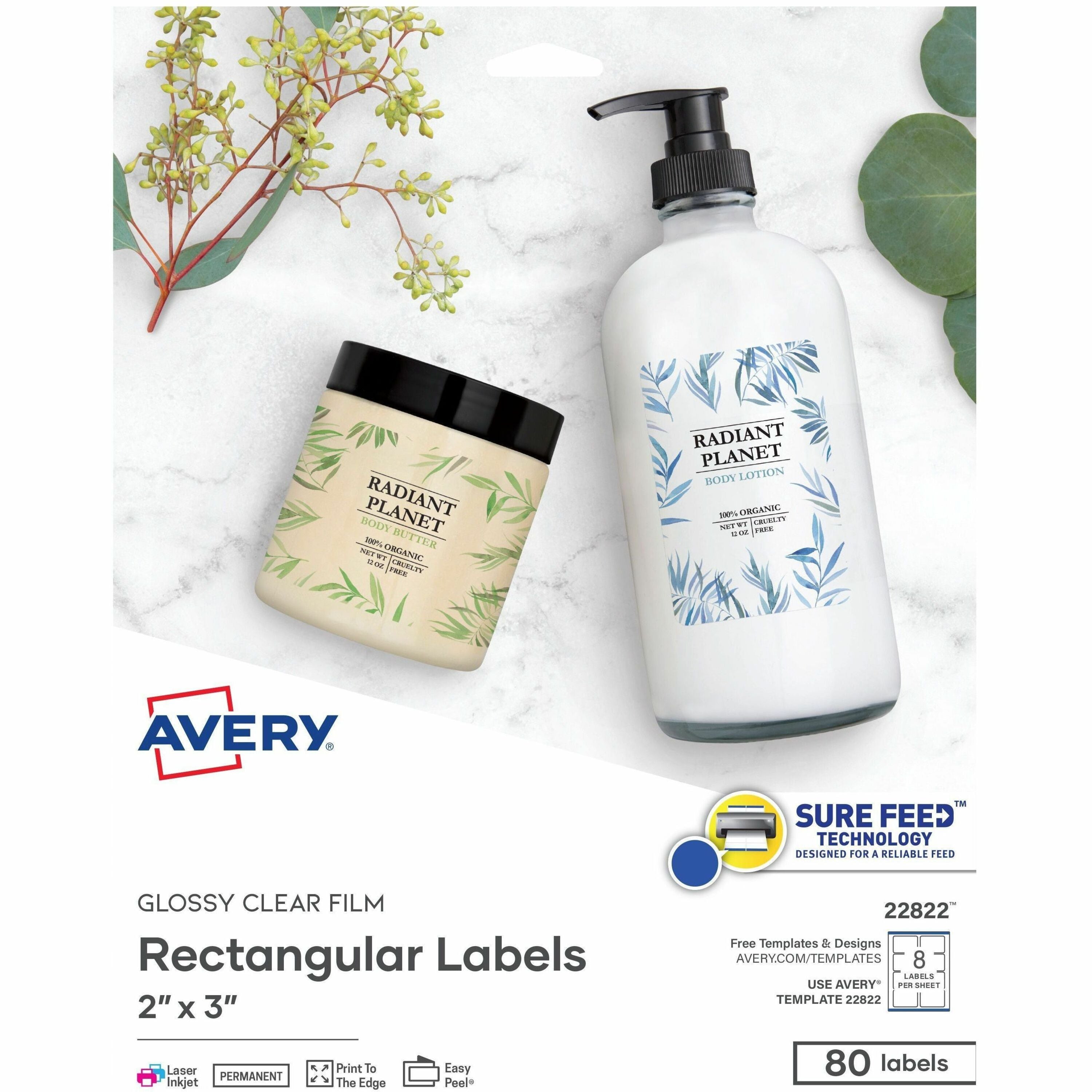 Avery®  Glossy Clear Rectangle Labels2" x 3" - 2" Width x 3" Length - Permanent Adhesive - Rectangle - Inkjet, Laser - Glossy Crystal Clear - Crystal Clear - Film - 8 / Sheet - 8 Total Sheets - 80 Total Label(s) - 10 / Pack