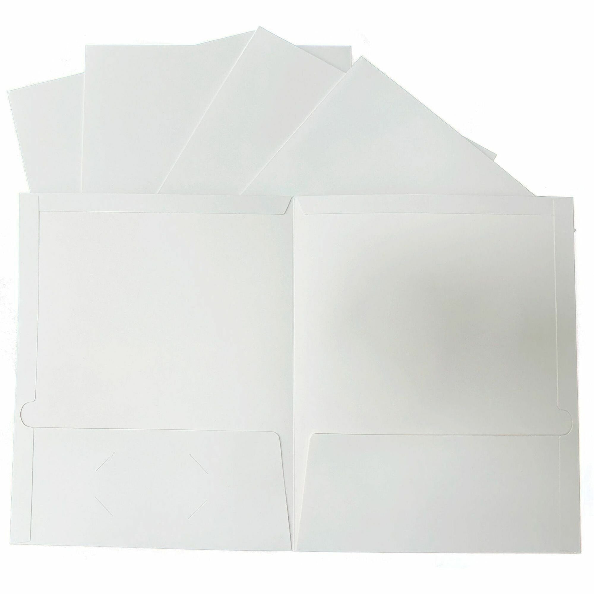 Business Source Letter Pocket Folder - 8 1/2" x 11" - 100 Sheets Capacity - 2 Internal Pocket(s) - White - Laminated, Durable, Die-cut - 25 / Box