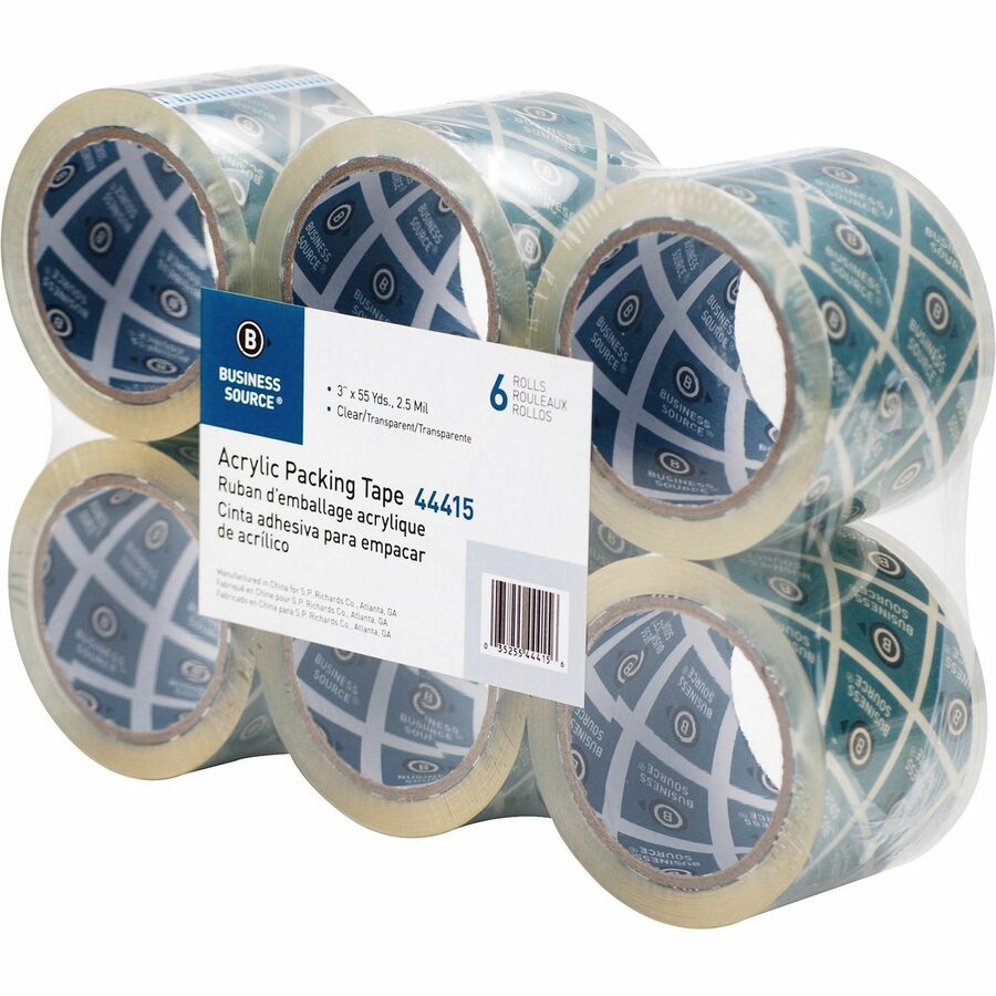 Business Source Acrylic Packing Tape - 55 yd Length x 3" Width x 2.5 mil Thickness - 3" Core - Clear - Pressure-sensitive Poly - Acrylic Backing - For Mailing, Shipping, Storing - 6 / Pack