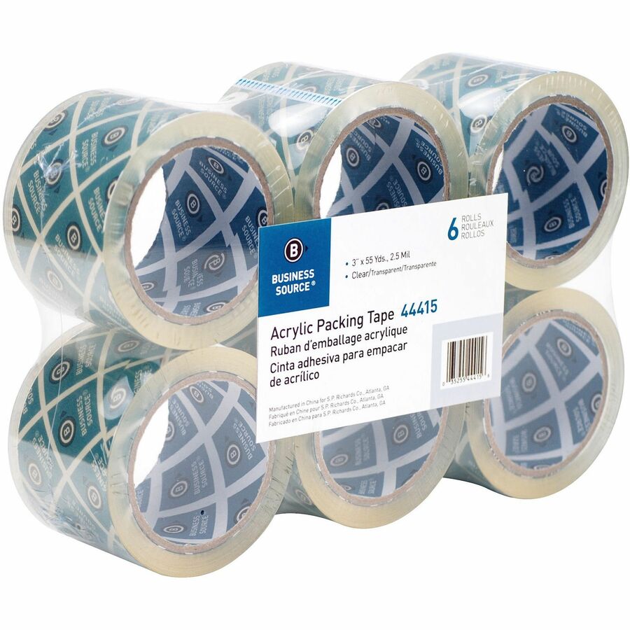 Business Source Acrylic Packing Tape - 55 yd Length x 3" Width x 2.5 mil Thickness - 3" Core - Clear - Pressure-sensitive Poly - Acrylic Backing - For Mailing, Shipping, Storing - 6 / Pack