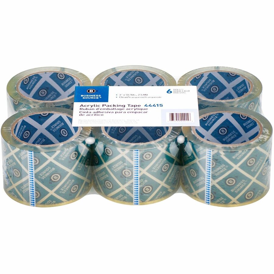 Business Source Acrylic Packing Tape - 55 yd Length x 3" Width x 2.5 mil Thickness - 3" Core - Clear - Pressure-sensitive Poly - Acrylic Backing - For Mailing, Shipping, Storing - 6 / Pack
