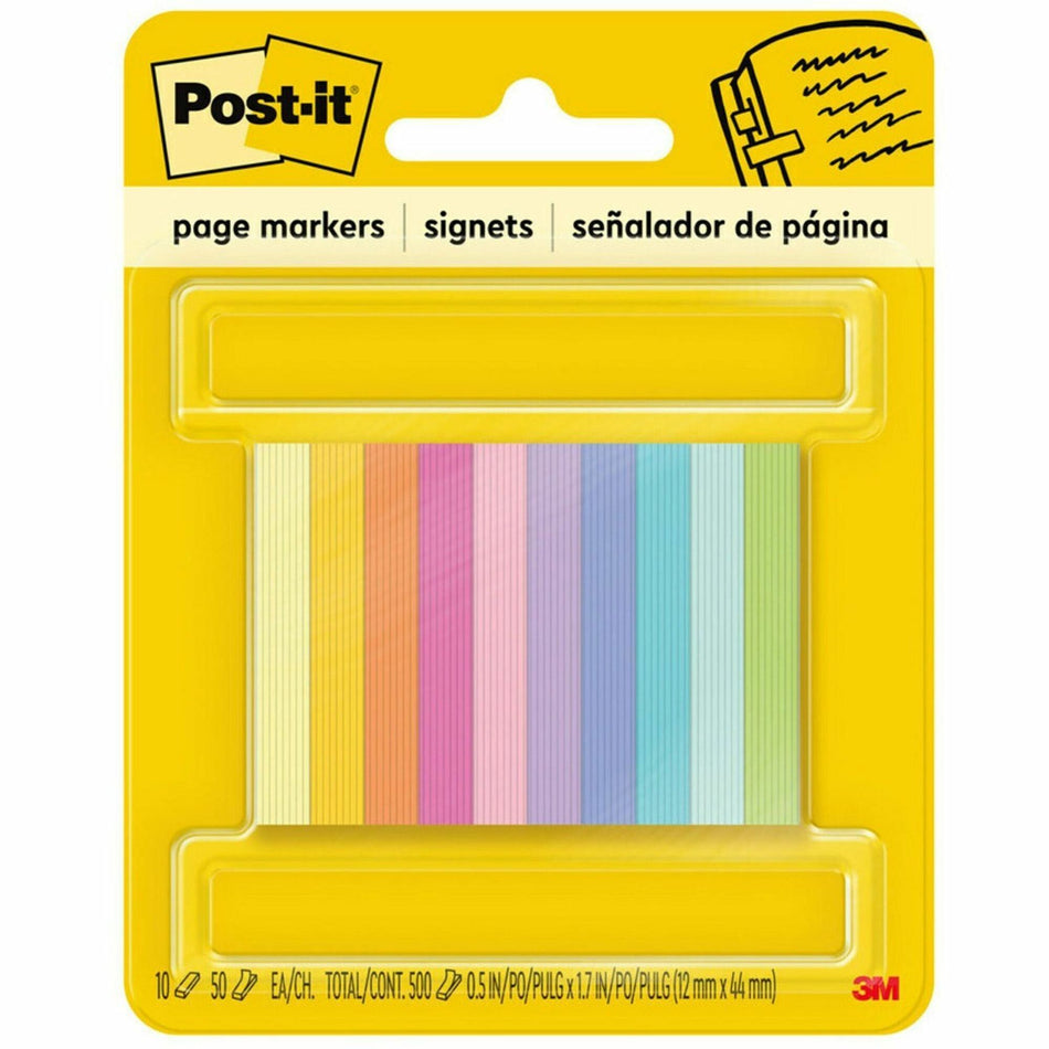 Post-it®  Page Markers - 1/2"W - Bright Colors - 500 x Assorted - 1/2" Flag/Note Width x 2" Flag/Note Length - Rectangle - Unruled - Assorted - Paper - Self-adhesive, Removable, Reusable, Repositionable - 10 / Pack