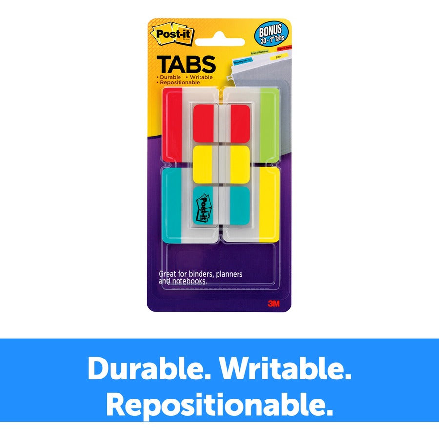 Post-it®  Tabs Value Pack - Primary Colors - Write-on Tab(s) - 1" Tab Height x 2" Tab Width - Red, Yellow, Blue, Green Tab(s) - Tear Resistant, Wear Resistant, Durable, Repositionable - 66 / Pack
