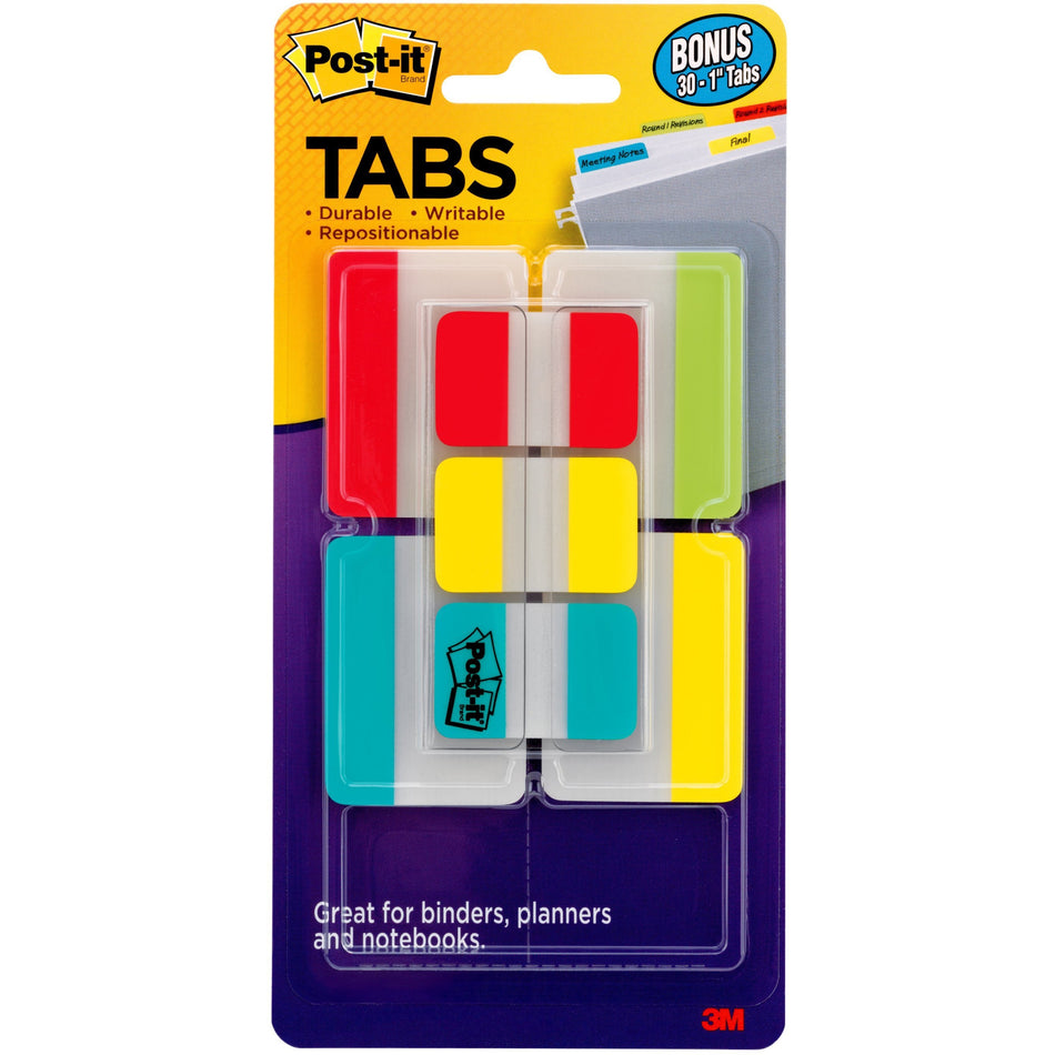 Post-it®  Tabs Value Pack - Primary Colors - Write-on Tab(s) - 1" Tab Height x 2" Tab Width - Red, Yellow, Blue, Green Tab(s) - Tear Resistant, Wear Resistant, Durable, Repositionable - 66 / Pack