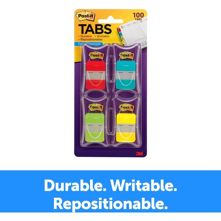 Post-it®  Tabs - 100 Write-on Tab(s) - 1" Tab Height x 1.50" Tab Width - Red, Blue, Green, Yellow Tab(s) - Tear Resistant, Wear Resistant, Repositionable, Durable - 100 / Pack