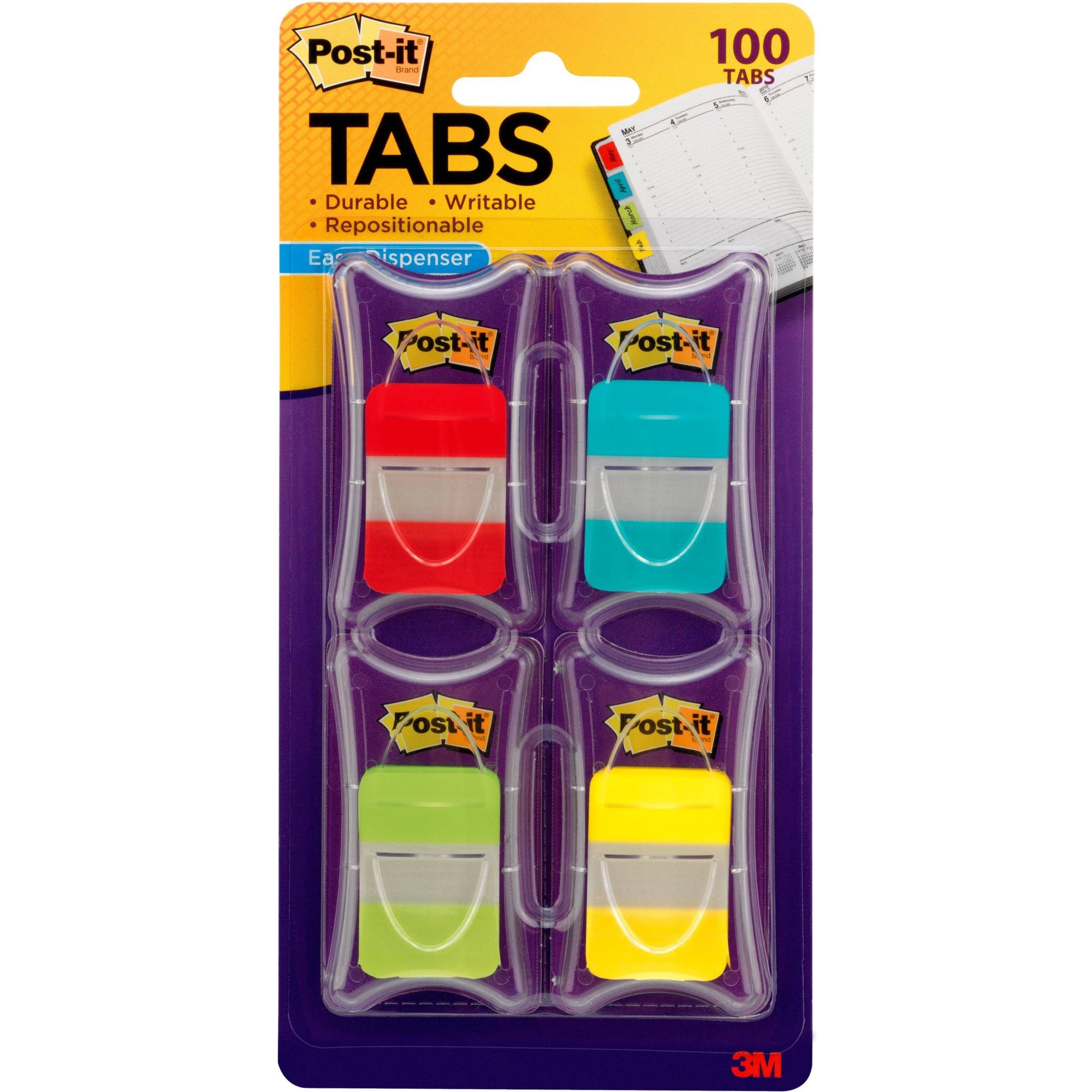 Post-it®  Tabs - 100 Write-on Tab(s) - 1" Tab Height x 1.50" Tab Width - Red, Blue, Green, Yellow Tab(s) - Tear Resistant, Wear Resistant, Repositionable, Durable - 100 / Pack
