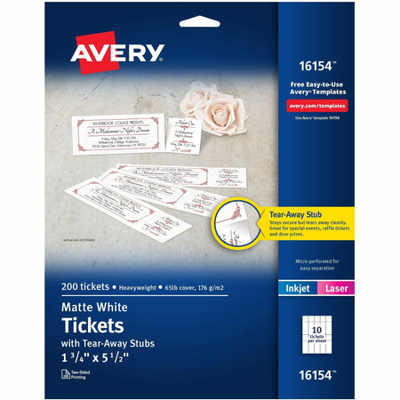Avery® Event Tickets with Tear-Away Stubs for Laser and Inkjet Printers, 1ÔøΩ" x 5ÔøΩ" - 1 3/4" Width x 5 1/2" Length - Laser, Inkjet - Matte - Matte White - Recyclable, Biodegradable, Durable, Customizable - 20 / Sheet - 200 / Pack