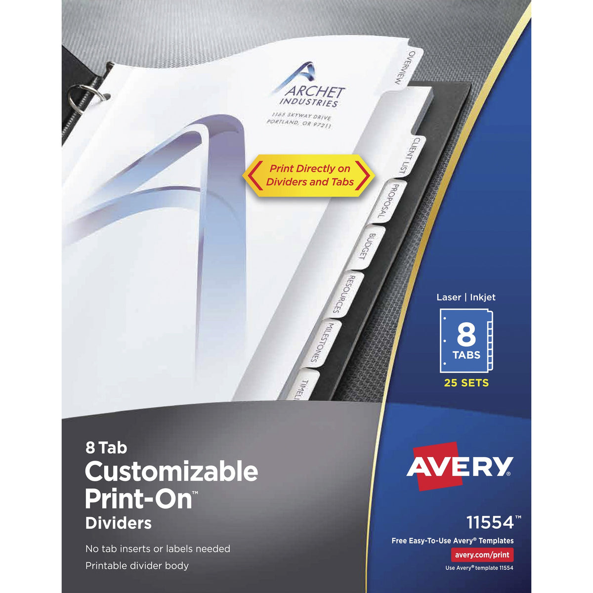 Avery® Customizable Print-On Dividers - 200 x Divider(s) - 8 Print-on Tab(s) - 8 - 8 Tab(s)/Set - 8.5" Divider Width x 11" Divider Length - 3 Hole Punched - White Paper Divider - White Paper Tab(s) - 20% Recycled - 25 / Box