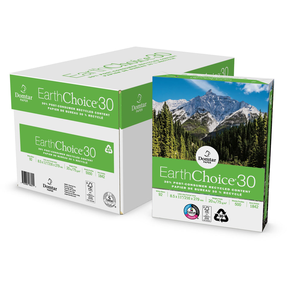 EarthChoice 30 Recycled Office Paper - White - 92 Brightness - 88% Opacity - Letter - 8 1/2" x 11" - 20 lb Basis Weight - ColorLok Technology, Chlorine-free, Acid-free, Jam-free - White - 500 Sheets per Ream - 10 / Carton