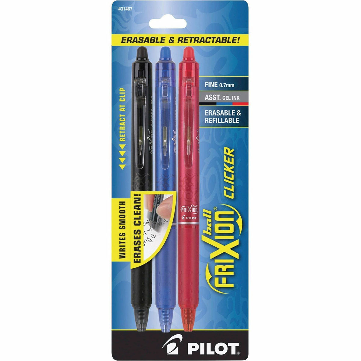 Pilot FriXion .7mm Clicker Erasable Gel Pens - 0.7 mm Fine Pen Point - Retractable - Erasable - Assorted Ink - Gel-based - Assorted Barrel - 3 / Pack