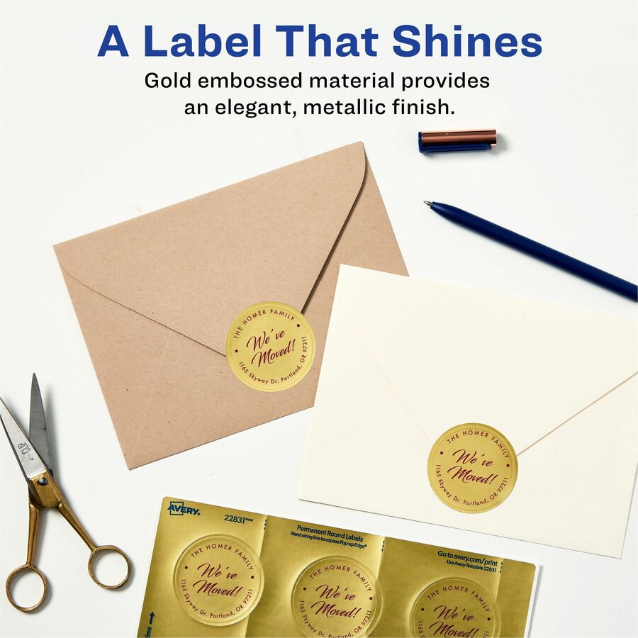 Avery®  Promotional Label - x 2" Diameter - Permanent Adhesive - Round - Inkjet - Matte Gold - Matte - Paper - 12 / Sheet - 12 Total Sheets - 96 Total Label(s) - 8 / Pack