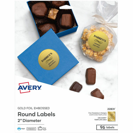 Avery®  Promotional Label - x 2" Diameter - Permanent Adhesive - Round - Inkjet - Matte Gold - Matte - Paper - 12 / Sheet - 12 Total Sheets - 96 Total Label(s) - 8 / Pack