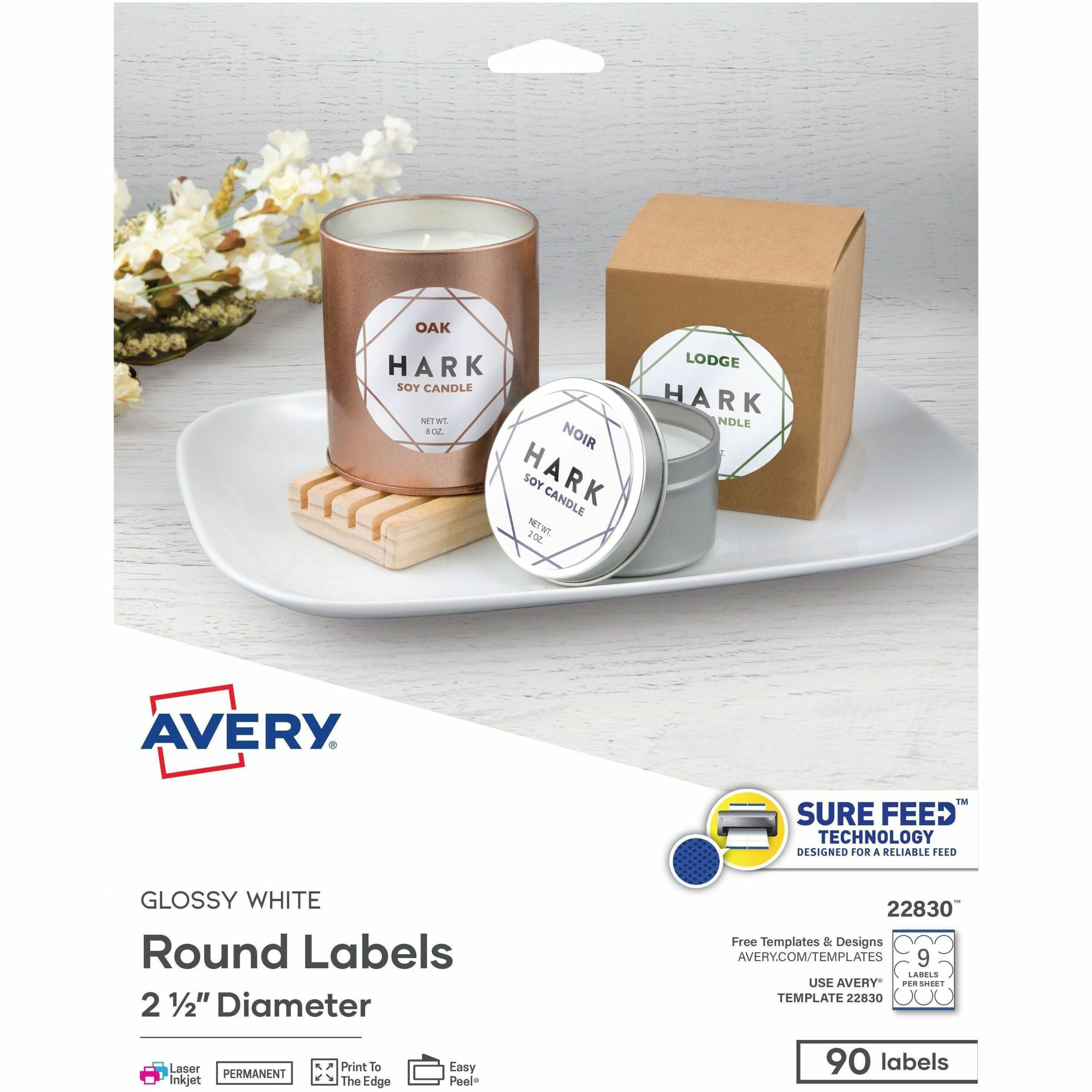 Avery®  Glossy White Round Labels2�" - Waterproof - x 2 1/2" Diameter - Permanent Adhesive - Round - Inkjet, Laser - Glossy White - Bright White - Paper - 9 / Sheet - 9 Total Sheets - 90 Total Label(s) - 10 / Pack