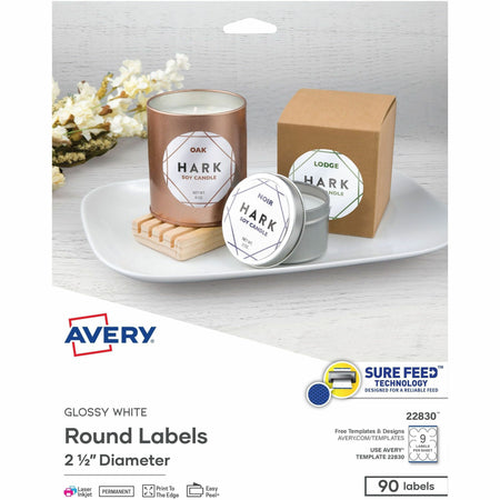 Avery®  Glossy White Round Labels2�" - Waterproof - x 2 1/2" Diameter - Permanent Adhesive - Round - Inkjet, Laser - Glossy White - Bright White - Paper - 9 / Sheet - 9 Total Sheets - 90 Total Label(s) - 10 / Pack