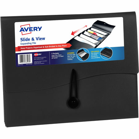 Avery®  Slide & View Letter Expanding File - 8 1/2" x 11" - 200 Sheets Capacity - 5 Pocket(s) - Black - Elastic Closure - 1 Each