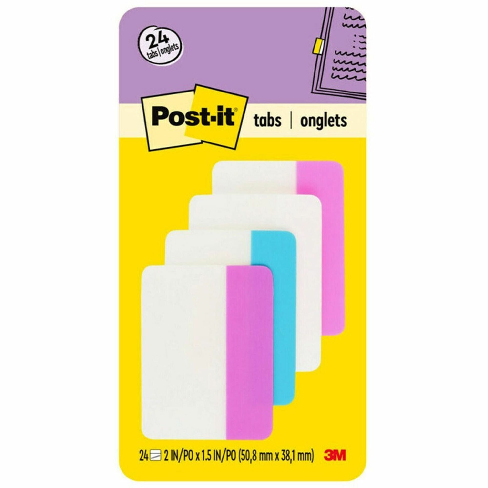 Post-it®  Filing Tabs - Write-on Tab(s) - 1.50" Tab Height x 2" Tab Width - Purple, Blue, White, Pink Tab(s) - Reusable, Repositionable, Durable, Wear Resistant, Tear Resistant - 24 / Pack