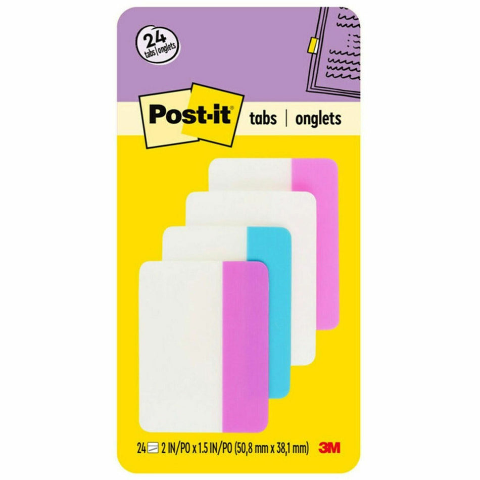 Post-it®  Filing Tabs - Write-on Tab(s) - 1.50" Tab Height x 2" Tab Width - Purple, Blue, White, Pink Tab(s) - Reusable, Repositionable, Durable, Wear Resistant, Tear Resistant - 24 / Pack