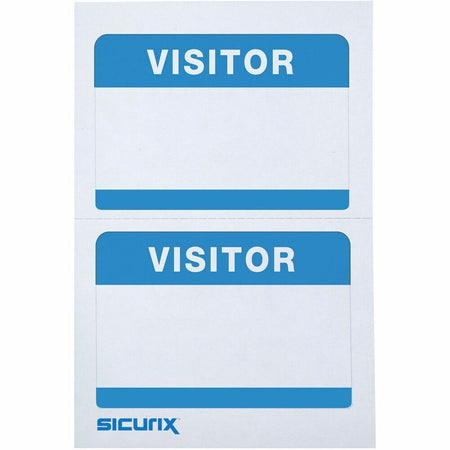 SICURIX Visitor Adhesive Badges 2 Per Sheet 100 Pack White - 3 1/2" Width x 2 1/4" Length - Removable Adhesive - Rectangle - Inkjet, Laser - White, Blue - Self-adhesive, Easy Peel - 2 / Sheet - 100 / Box